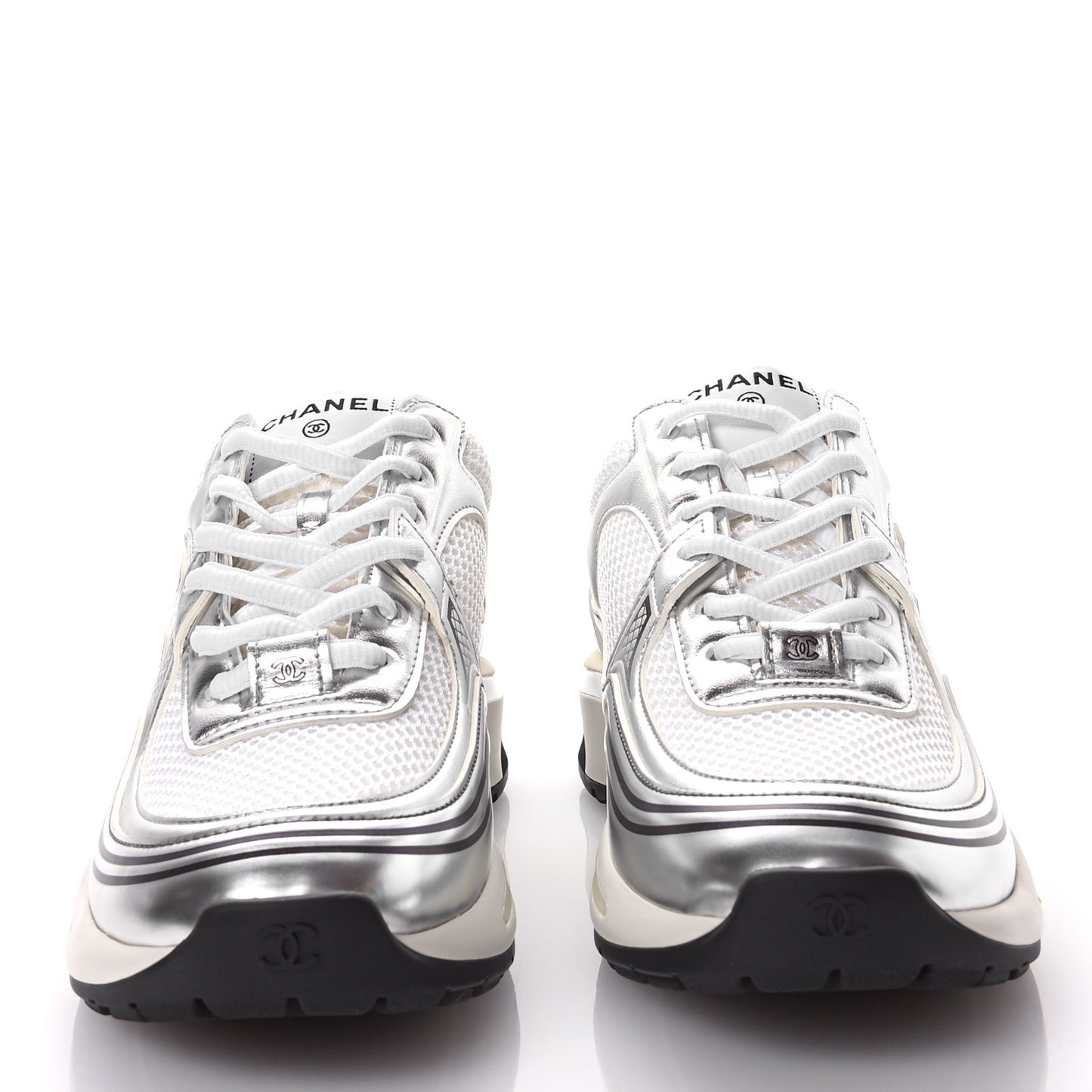 Fabric Laminated Calfskin Stretch CC Sneakers 39 White Silver