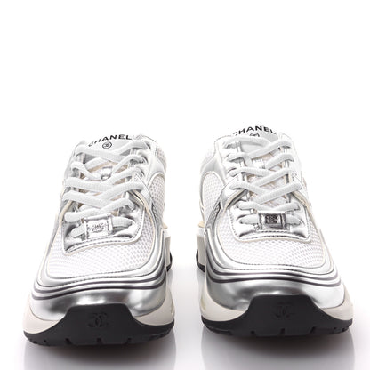 Chanel Fabric Laminated Calfskin Stretch CC Sneakers 39 White Silver 3 of 9