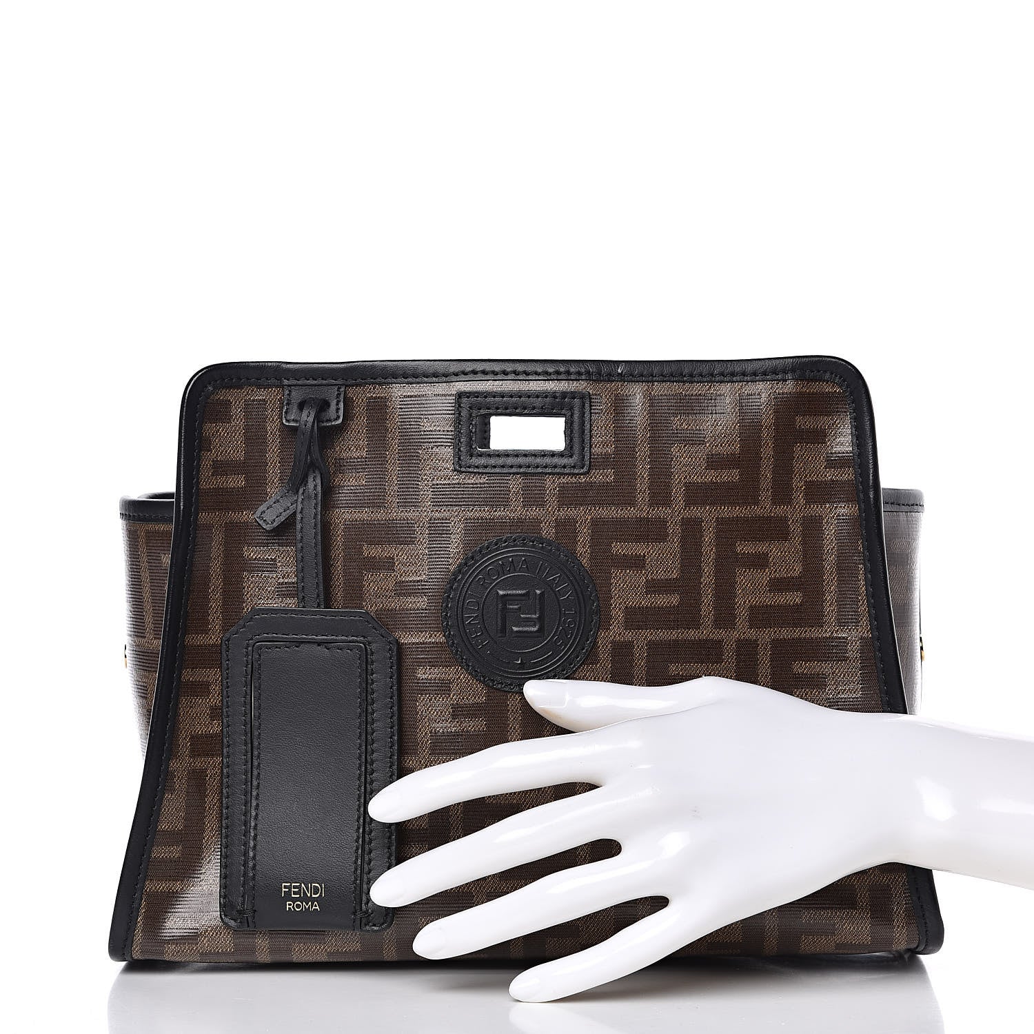 Fendi Glazed Fabric Vitello Century FF 1974 Stamp Patch Mini Peekaboo Defender Cover Mogano Panna Black 2 of 8