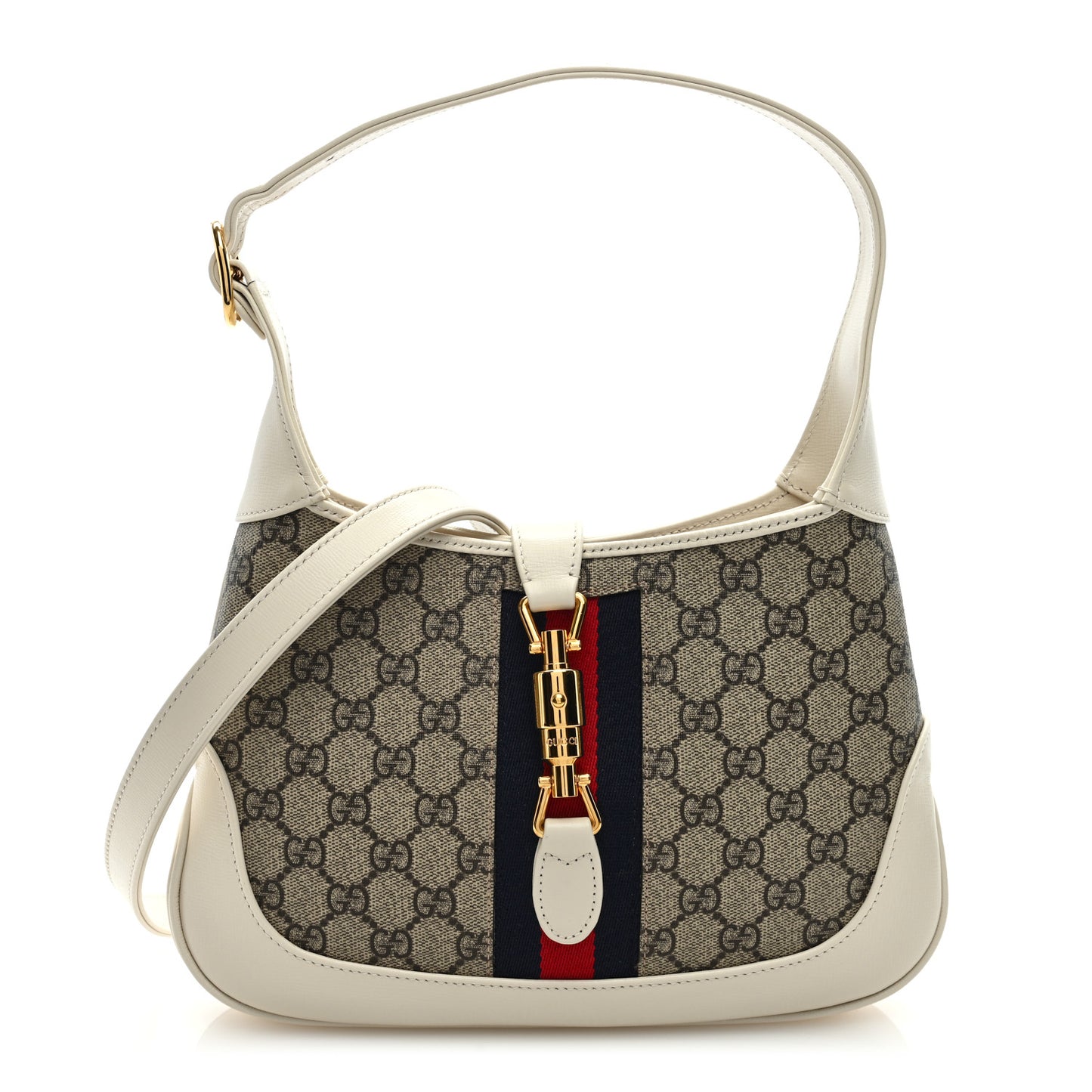 GG Supreme Monogram Azalea Calfskin Web Small Jackie 1961 Hobo Beige Ebony Mystic White