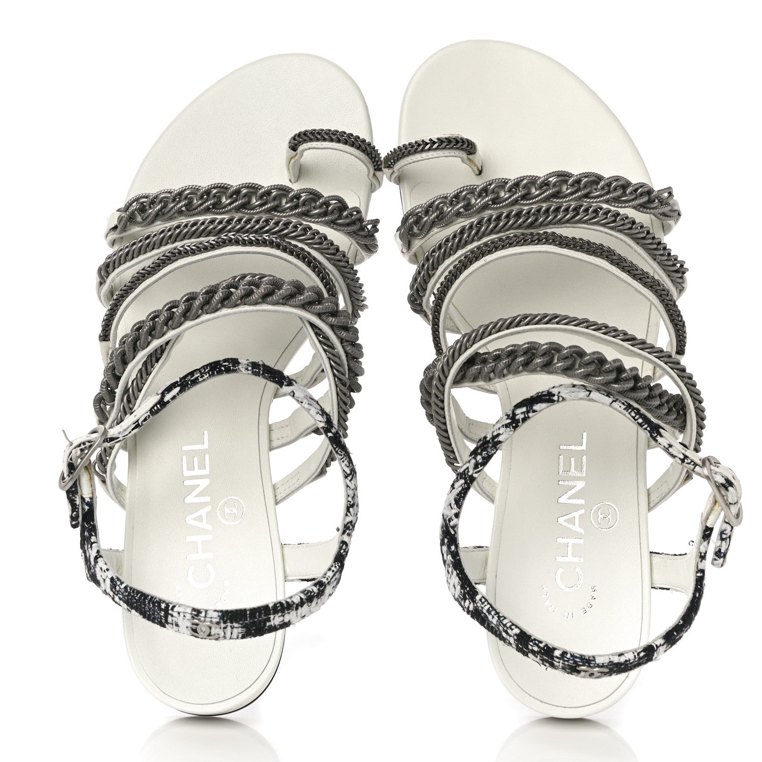 Chanel Tweed Chain Flat Sandals 37 White 5 of 12