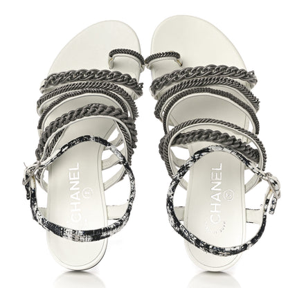 Chanel Tweed Chain Flat Sandals 37 White 5 of 12