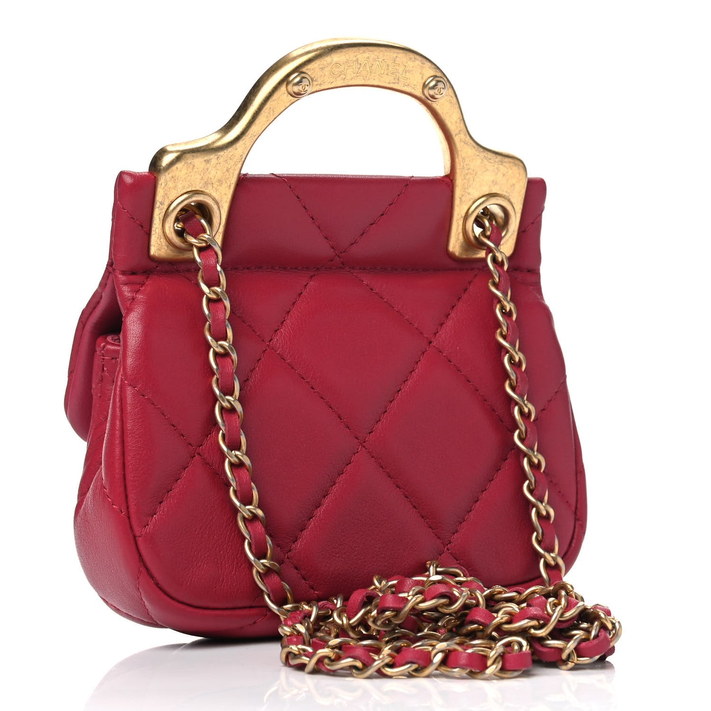 Calfskin Quilted Lady Handle Flap Card Holder With Chain Dark Pink