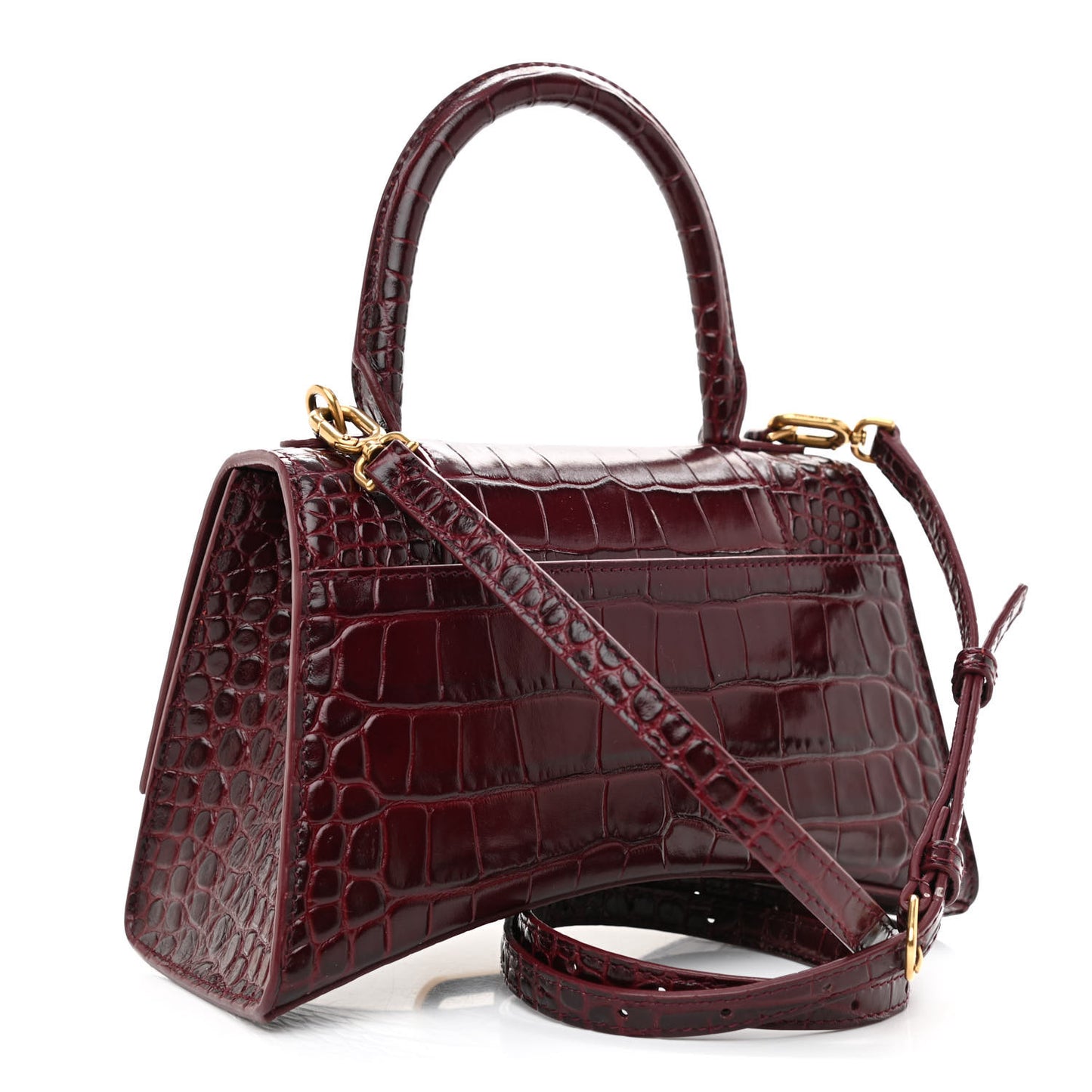 Shiny Calfskin Crocodile Embossed Small Hourglass Top Handle Bag Dark Red