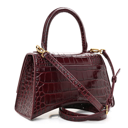 Balenciaga Shiny Calfskin Crocodile Embossed Small Hourglass Top Handle Bag Dark Red 3 of 10