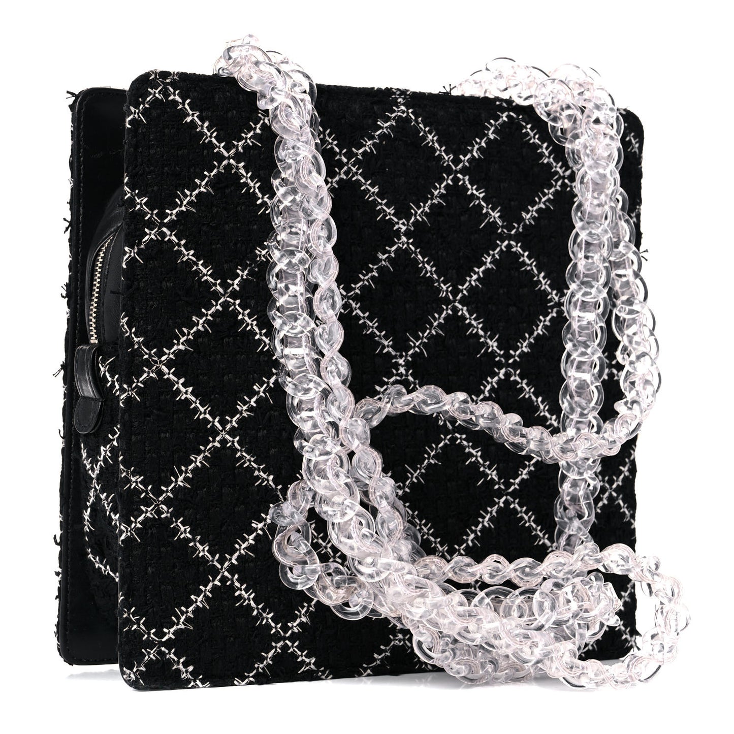 Tweed Resin Small Zipped Shopping Bag Black White
