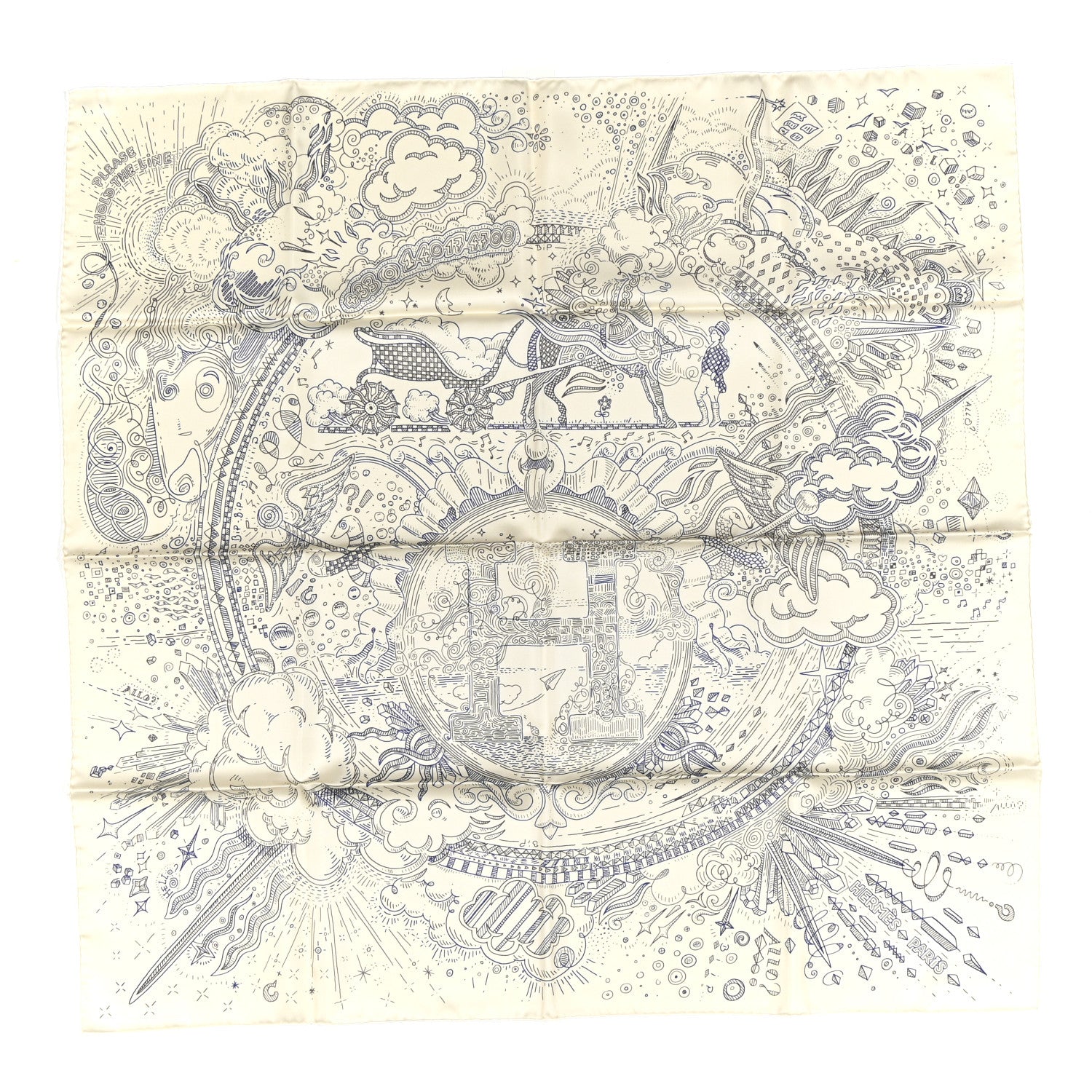 Hermes Silk Please Hold The Line Scarf 90 Creme Bleu Gris 1 of 3