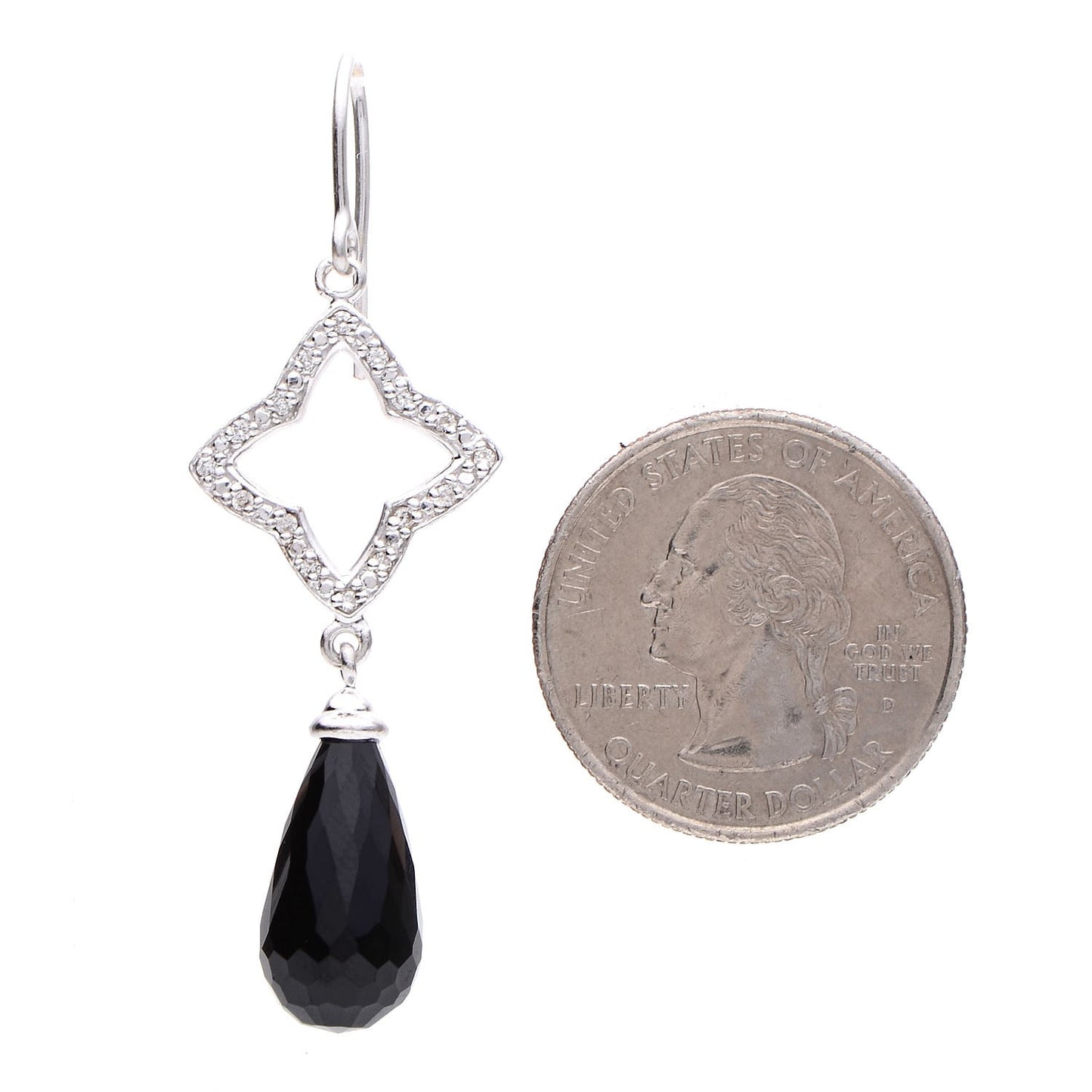 Sterling Silver Pave Diamond Quatrefoil Onyx Drop Earrings