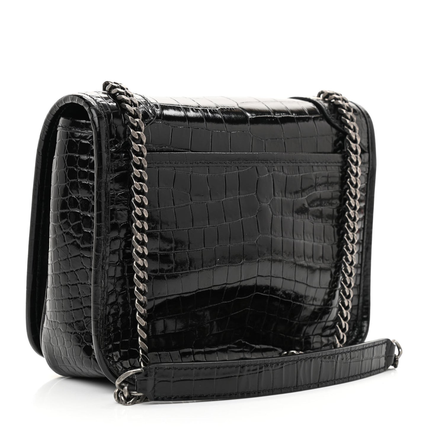 Crocodile Embossed Lambskin Matelasse Monogram Niki Chain Wallet Black