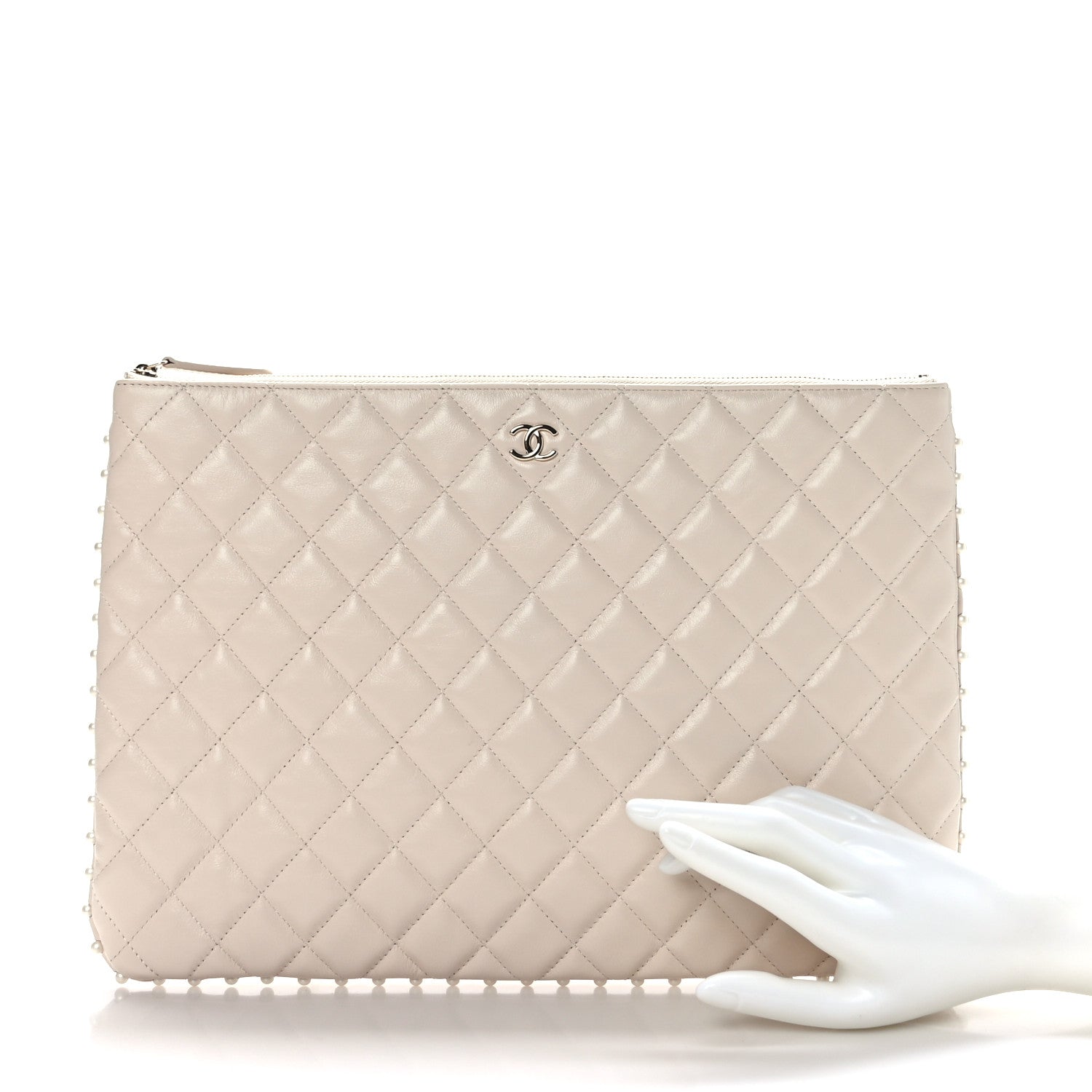 Chanel Calfskin Quilted Large Pearl Cosmetic Case Light Beige 2 of 7