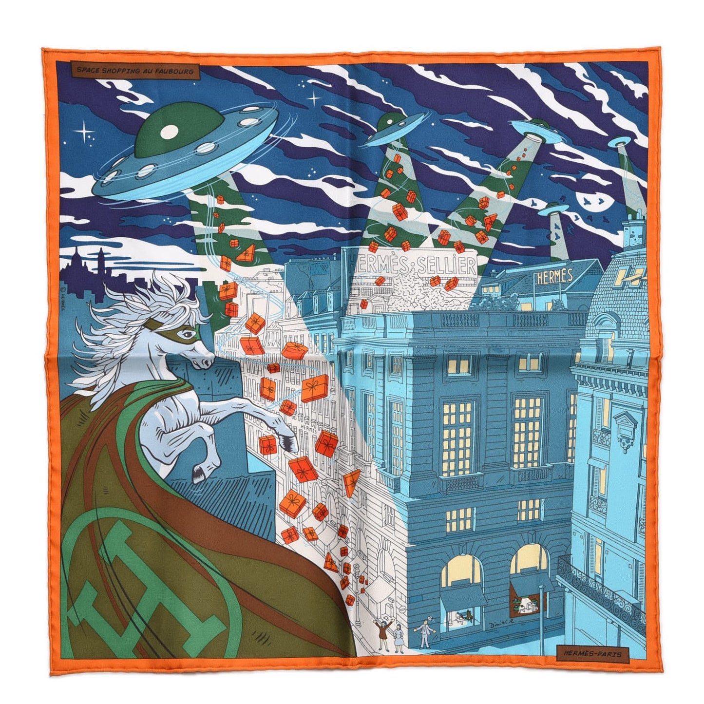 Silk Space Shopping Au Faubourg Pocket Square Scarf Bleu Orange Vert