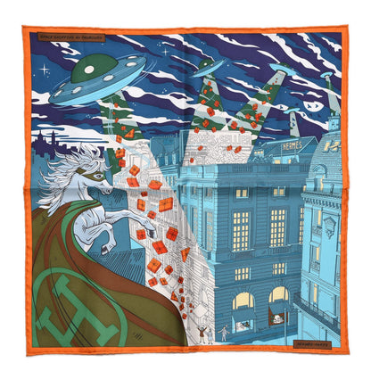 Hermes Silk Space Shopping Au Faubourg Pocket Square Scarf Bleu Orange Vert 1 of 7
