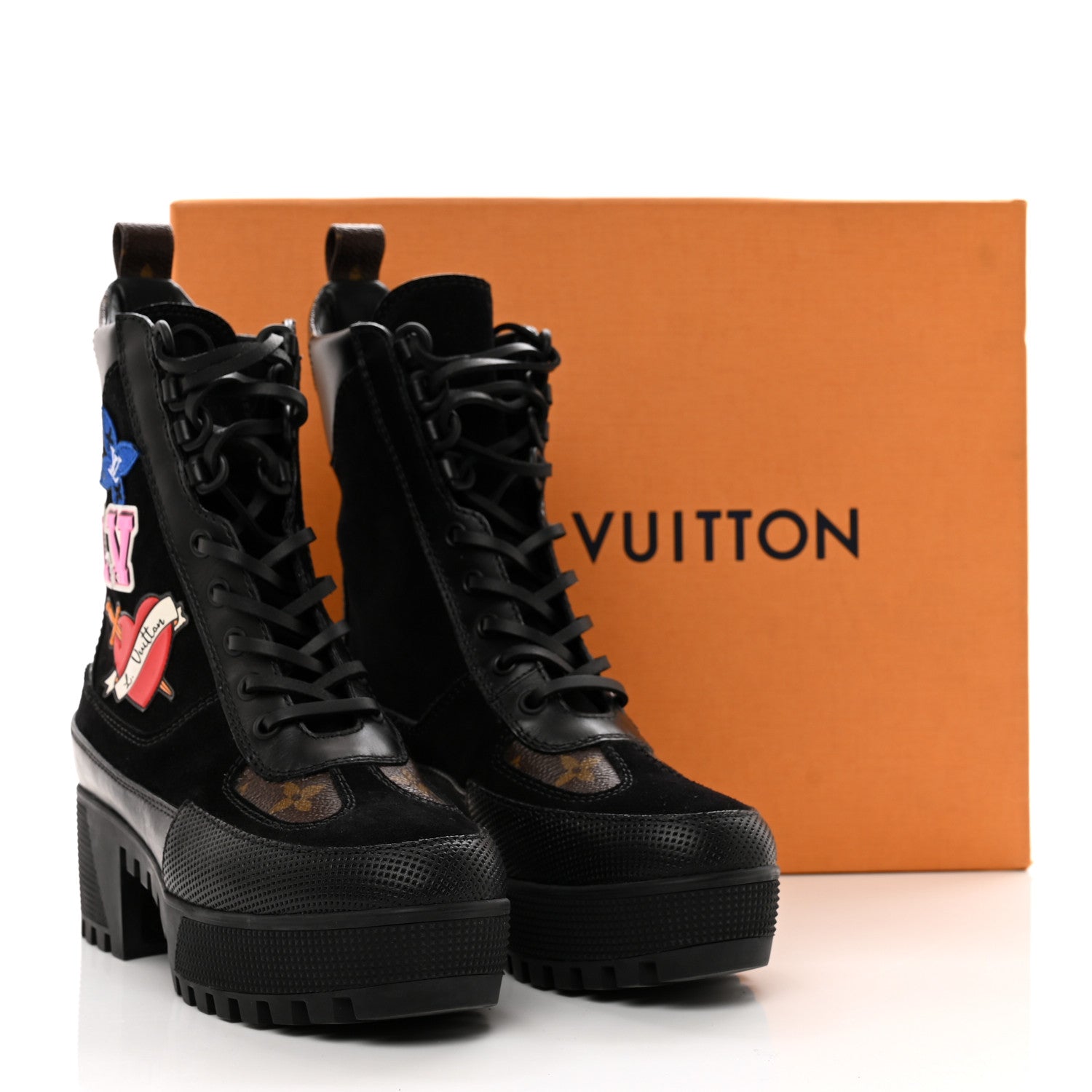 Louis Vuitton Suede Calfskin Monogram LV Black Heart Laureate Platform Desert Boots 35 Black 3 of 9