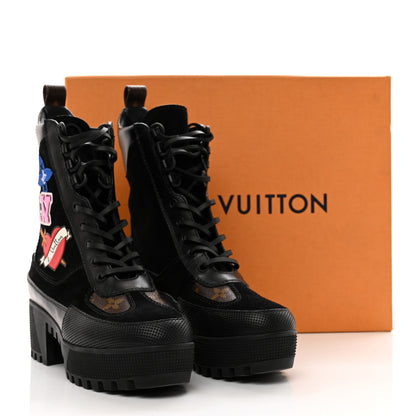 Louis Vuitton Suede Calfskin Monogram LV Black Heart Laureate Platform Desert Boots 35 Black 3 of 9