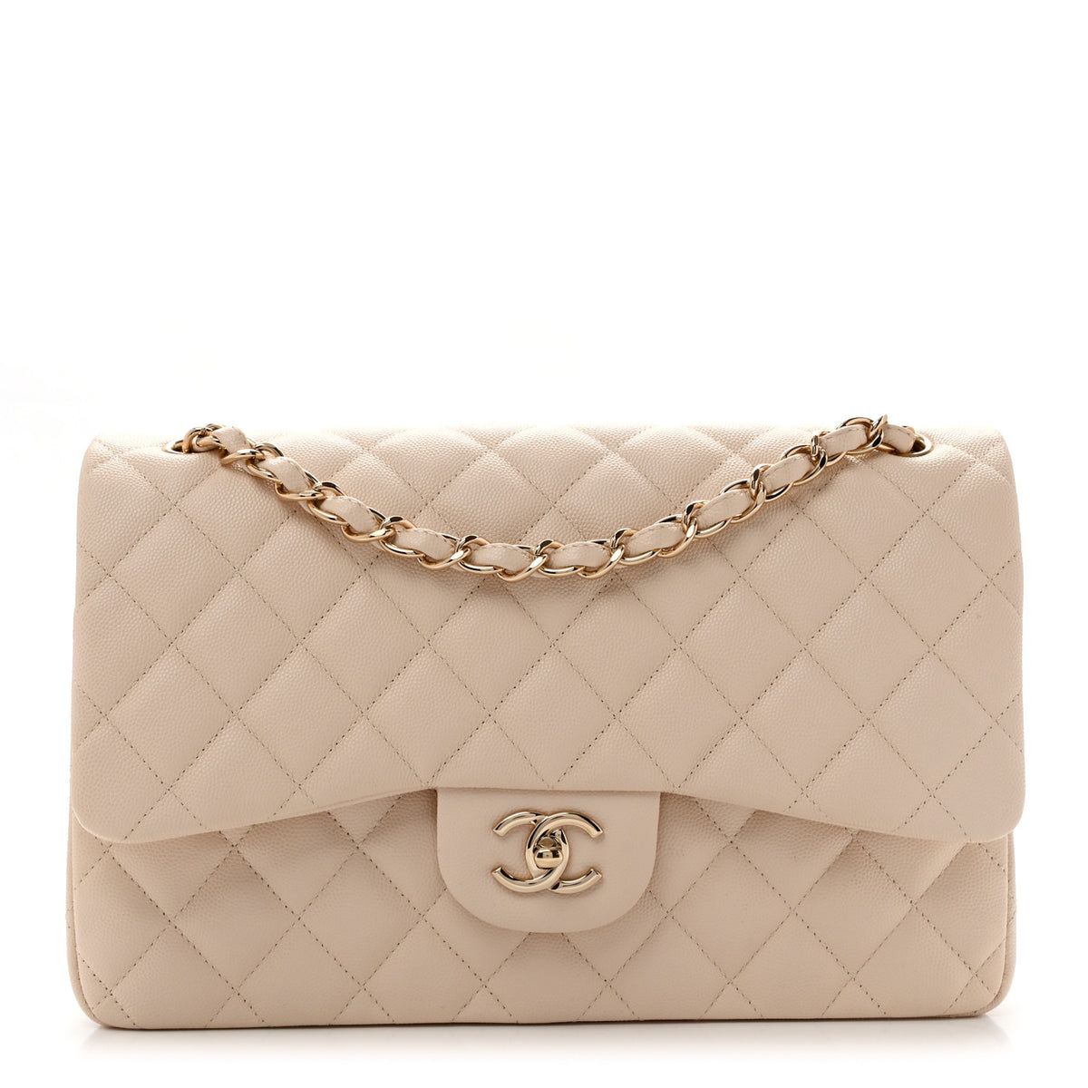 Caviar Quilted Jumbo Double Flap Light Beige