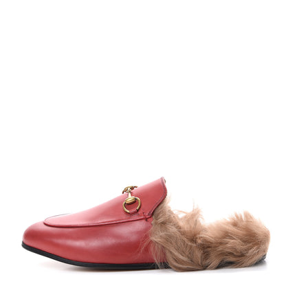 Gucci Betis Glamour Calfskin Fur Womens Princetown Slippers 37.5 Hibiscus Red Naturale 1 of 12