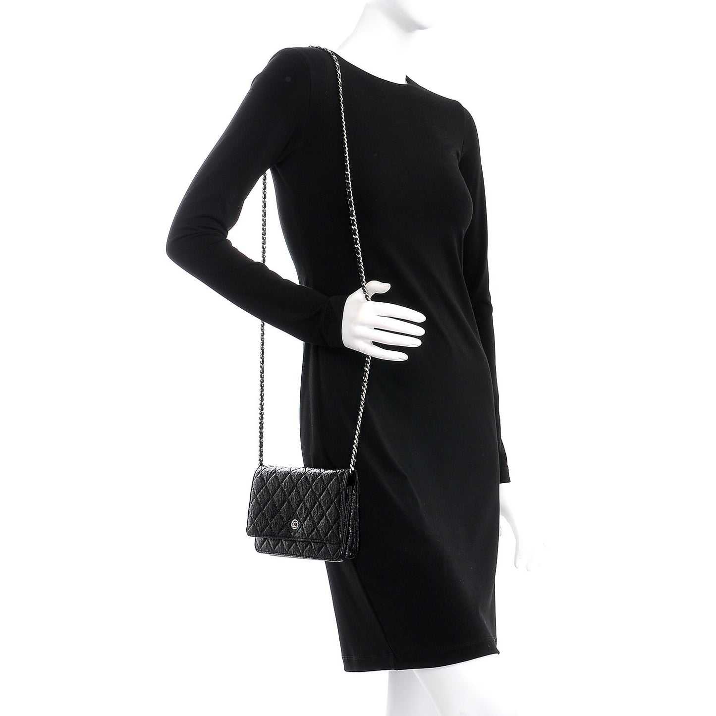 Distressed Patent Calfskin Quilted Wallet on Chain WOC Black