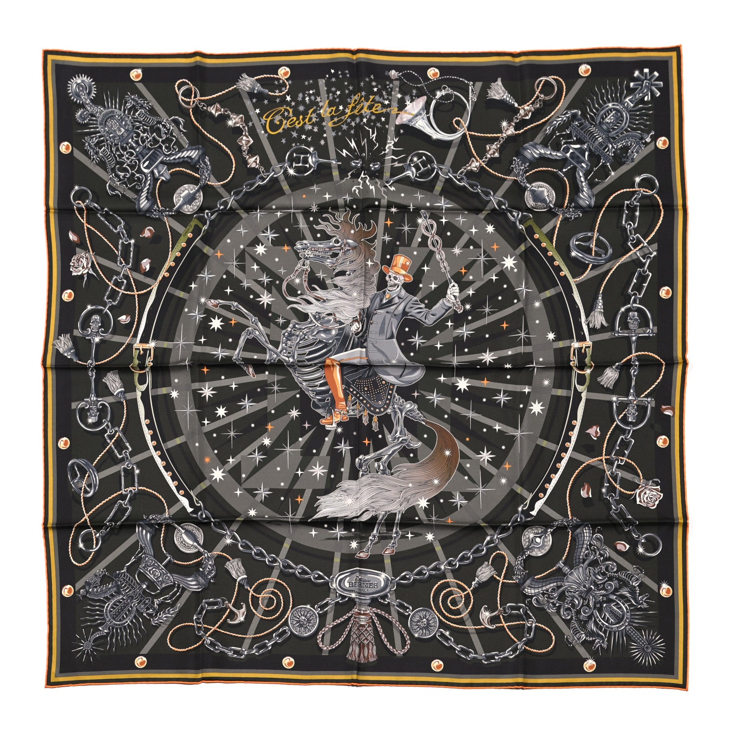 Hermes Silk C'est La Fete Double Face Scarf 90 Kaki Anthracite Gris 1 of 7