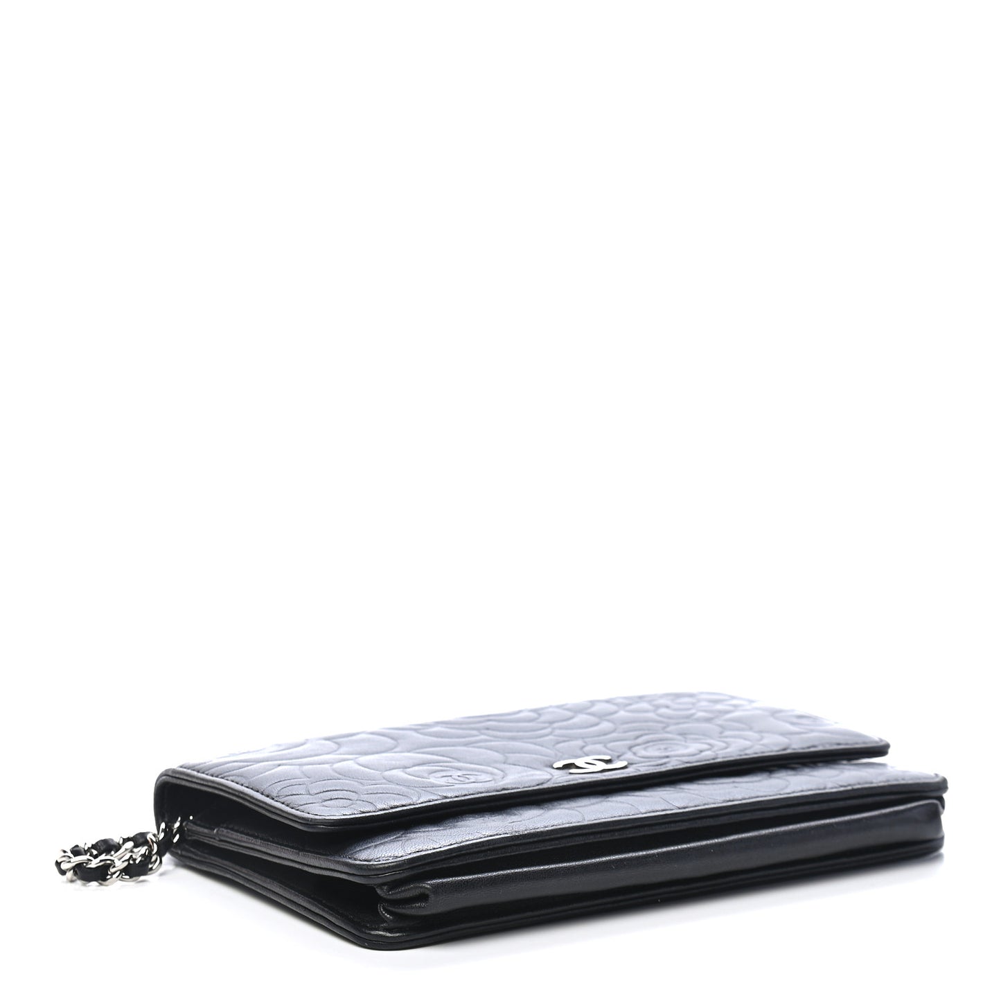 Lambskin Camellia Embossed Wallet On Chain WOC Black