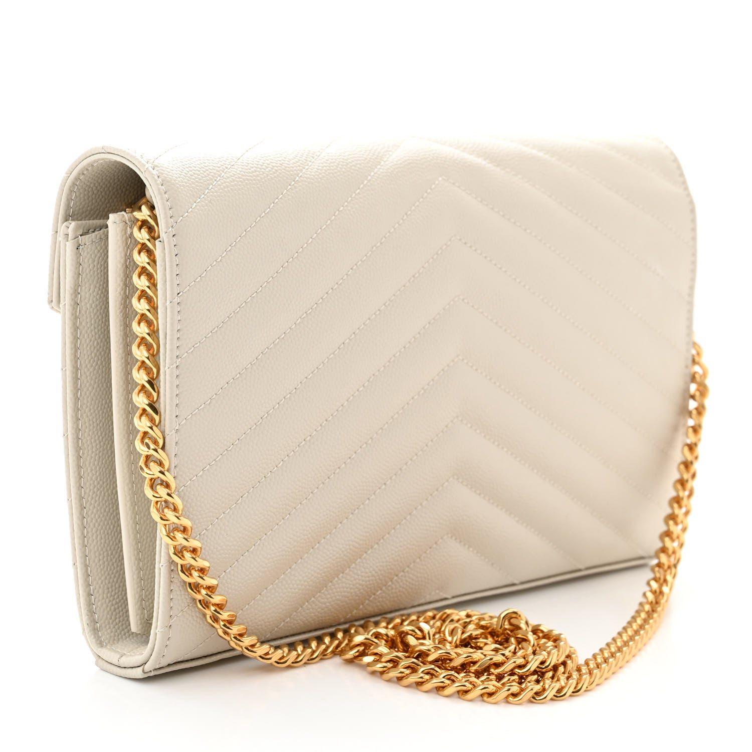 Saint Laurent Grain De Poudre Matelasse Chevron Monogram Chain Wallet Crema Soft 3 of 11