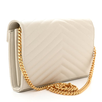 Saint Laurent Grain De Poudre Matelasse Chevron Monogram Chain Wallet Crema Soft 3 of 11