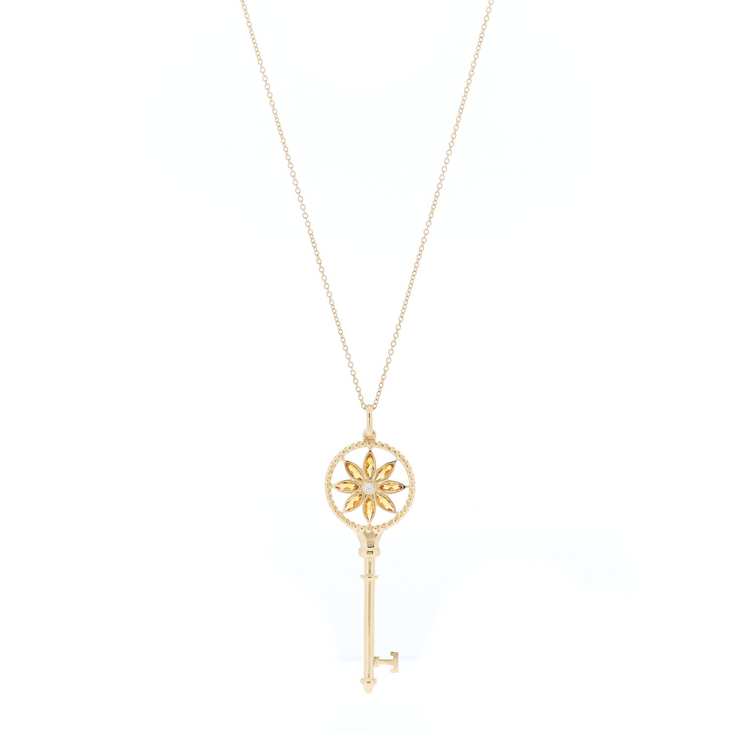 Tiffany 18K Yellow Gold Diamond Citrine Daisy Key Pendant Necklace 1 of 5