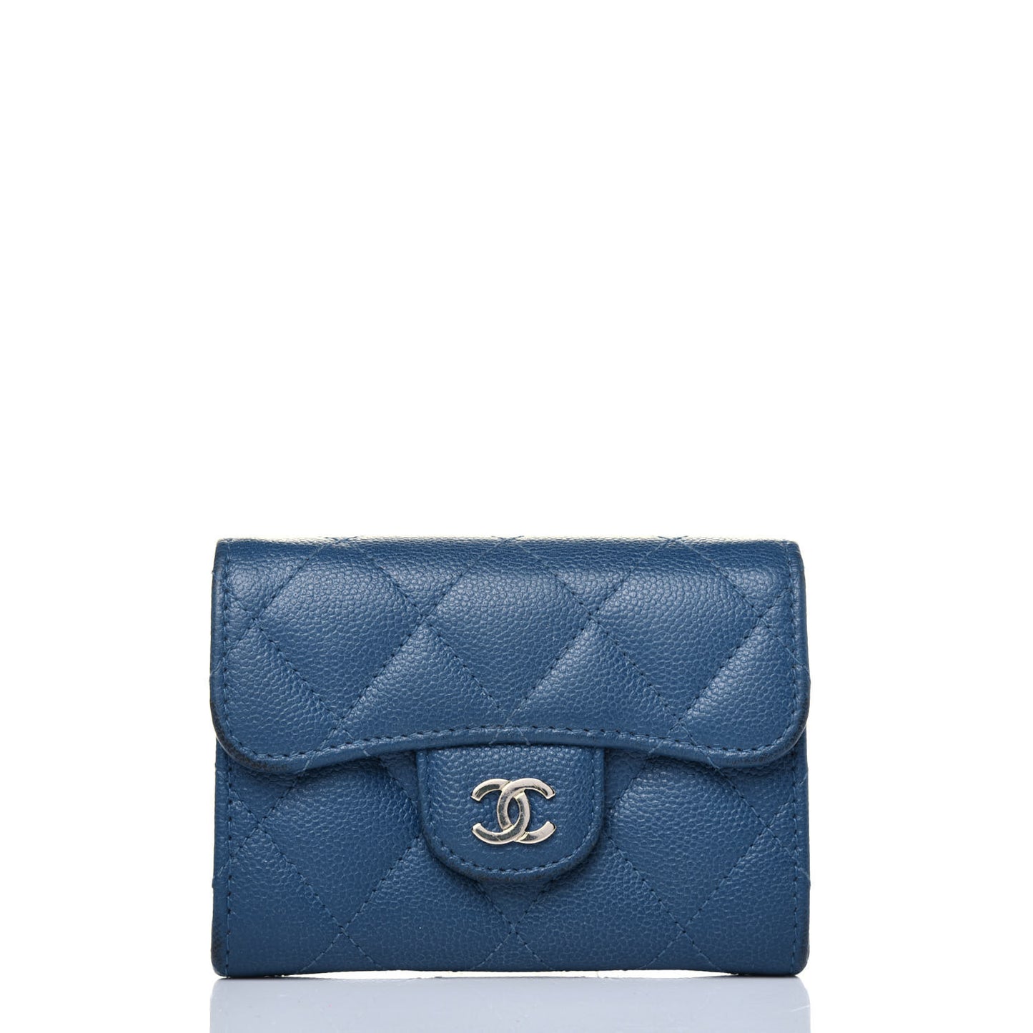 Caviar Quilted Flap Card Holder Wallet Navy