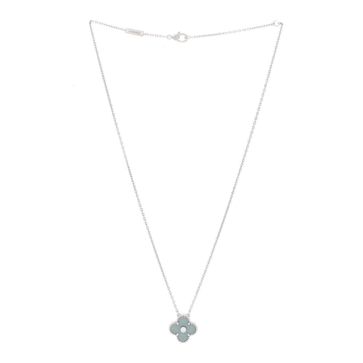 18K White Gold Diamond Celadon Green Sevres Porcelain Vintage Alhambra Pendant Necklace