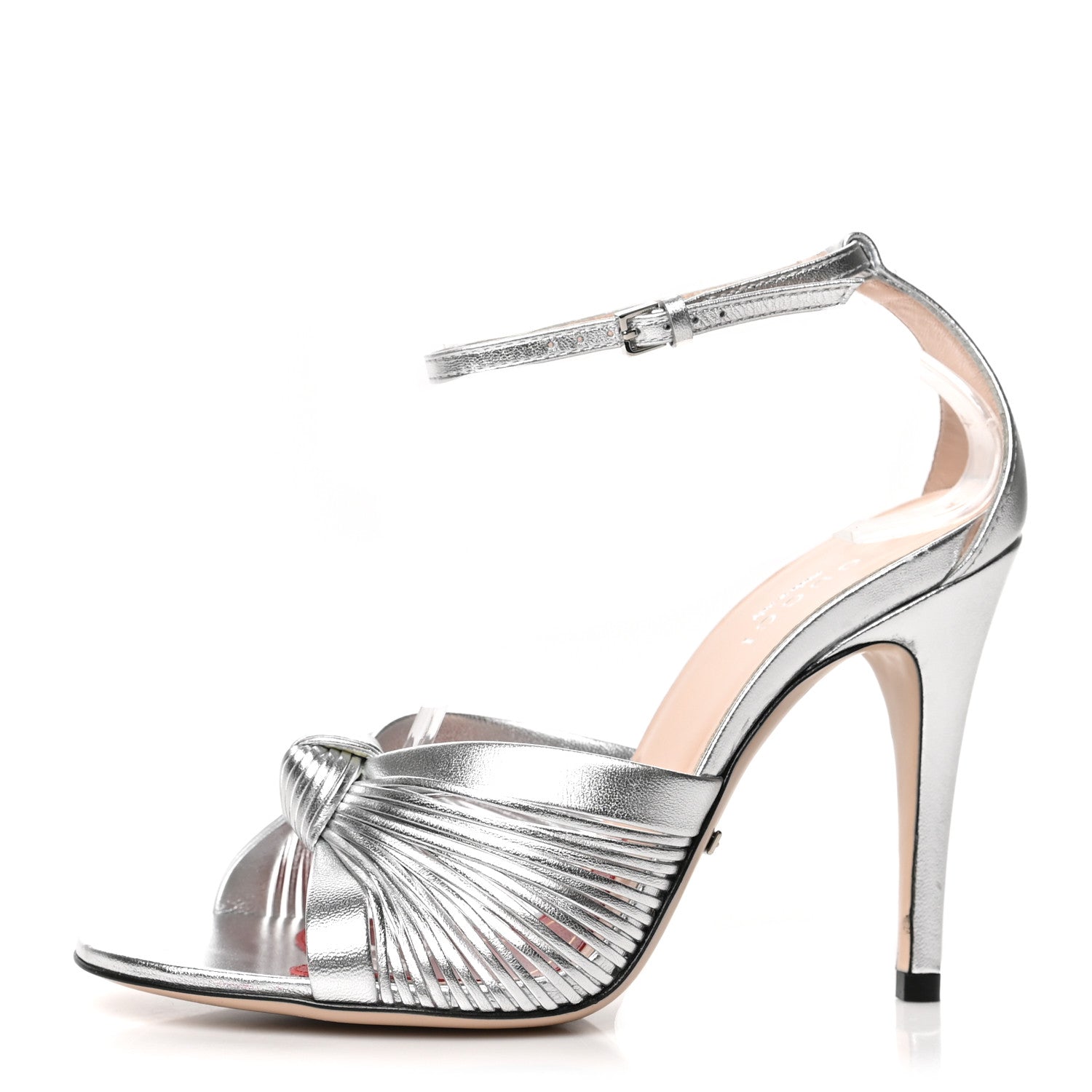 Gucci Metallic Nappa Crawford Knot Ankle Strap Sandals 35.5 Silver 1 of 9