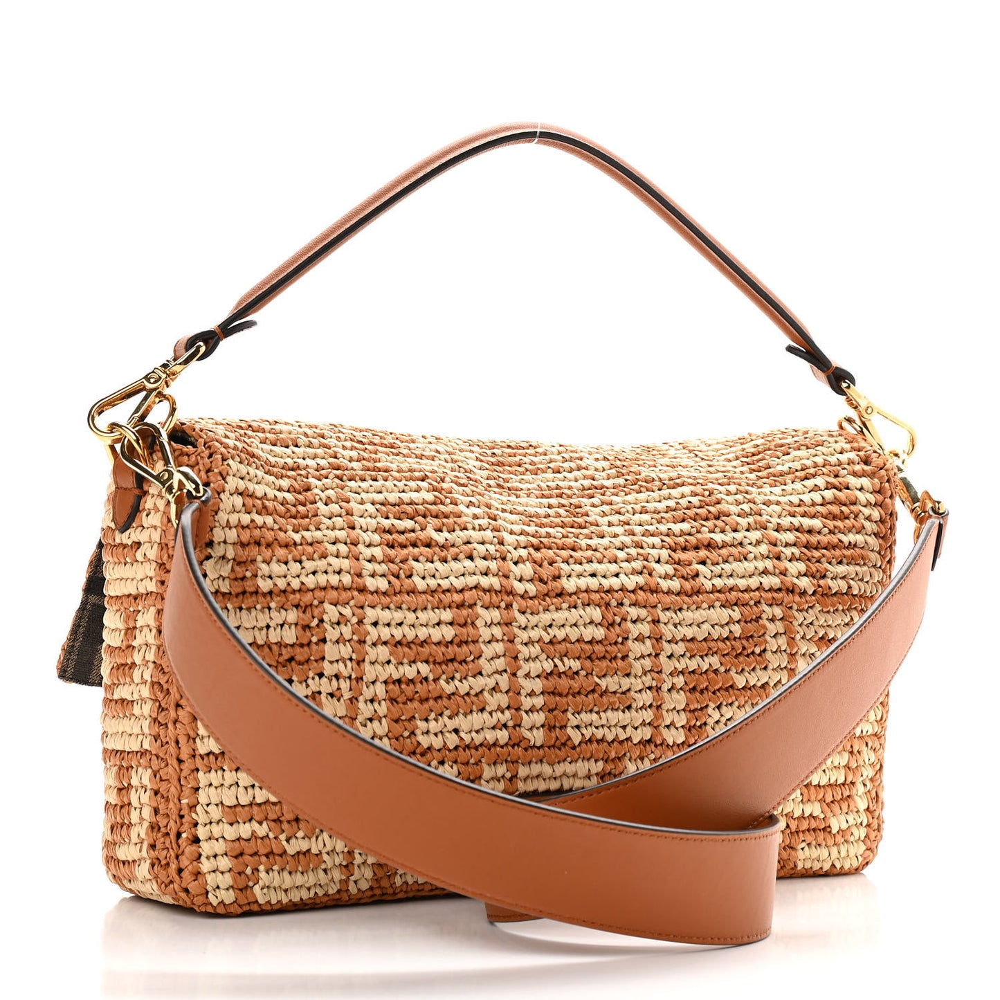 Raffia Vitello Seta FF Woven Large Baguette Brick Natural