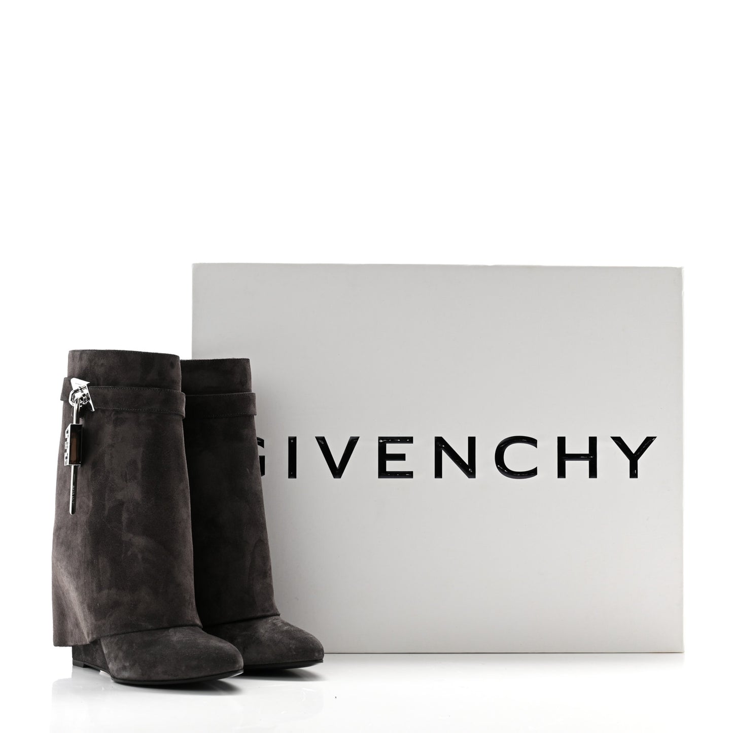Suede Calfskin Shark Lock Ankle Boots 39 Storm Grey
