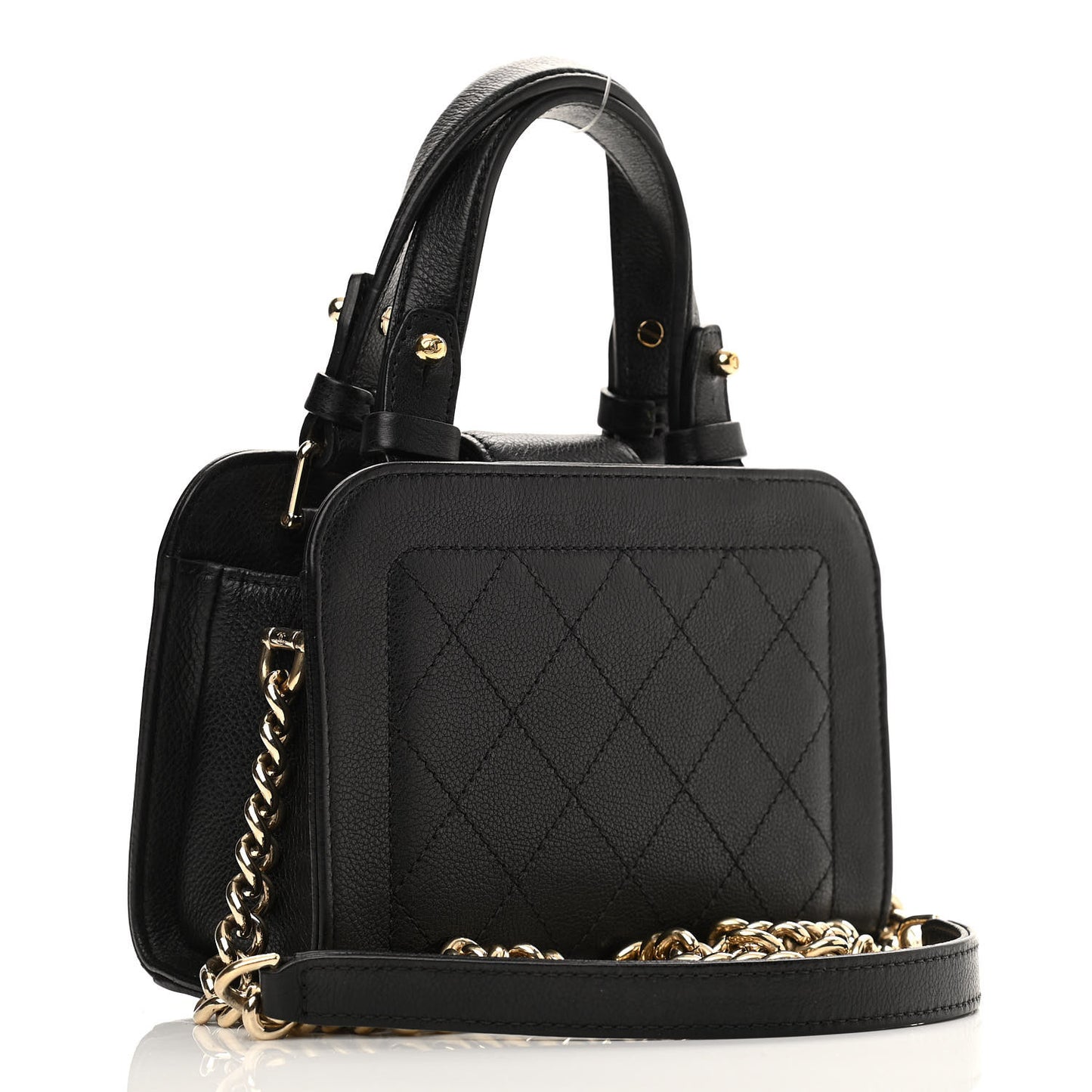 Grained Calfskin Stitched Mini Label Click Shopper Tote Black