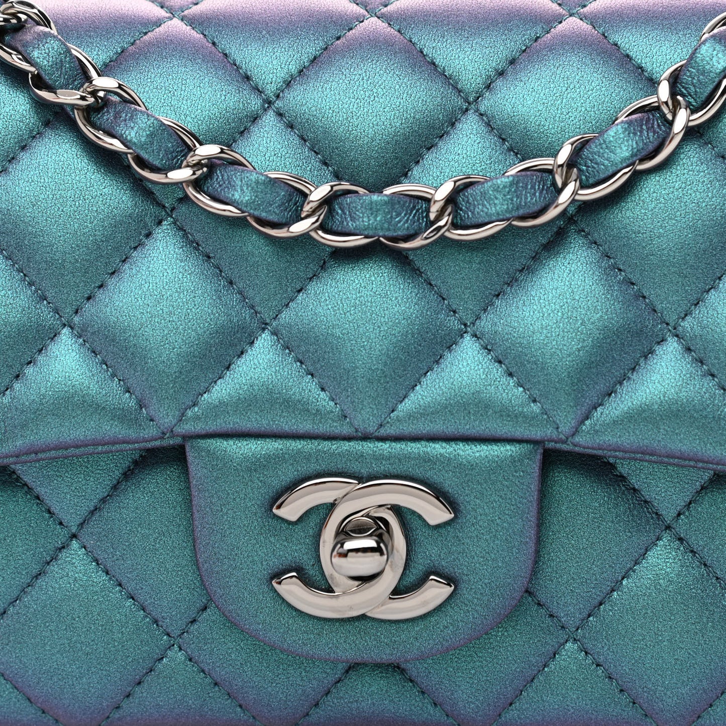 Iridescent Lambskin Quilted Mini Rectangular Flap Turquoise