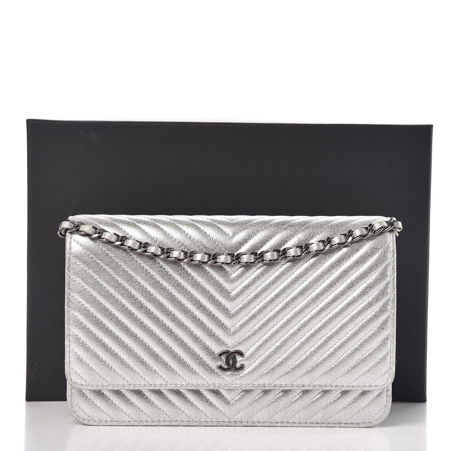 Metallic Lambskin Chevron Wallet On Chain WOC Silver