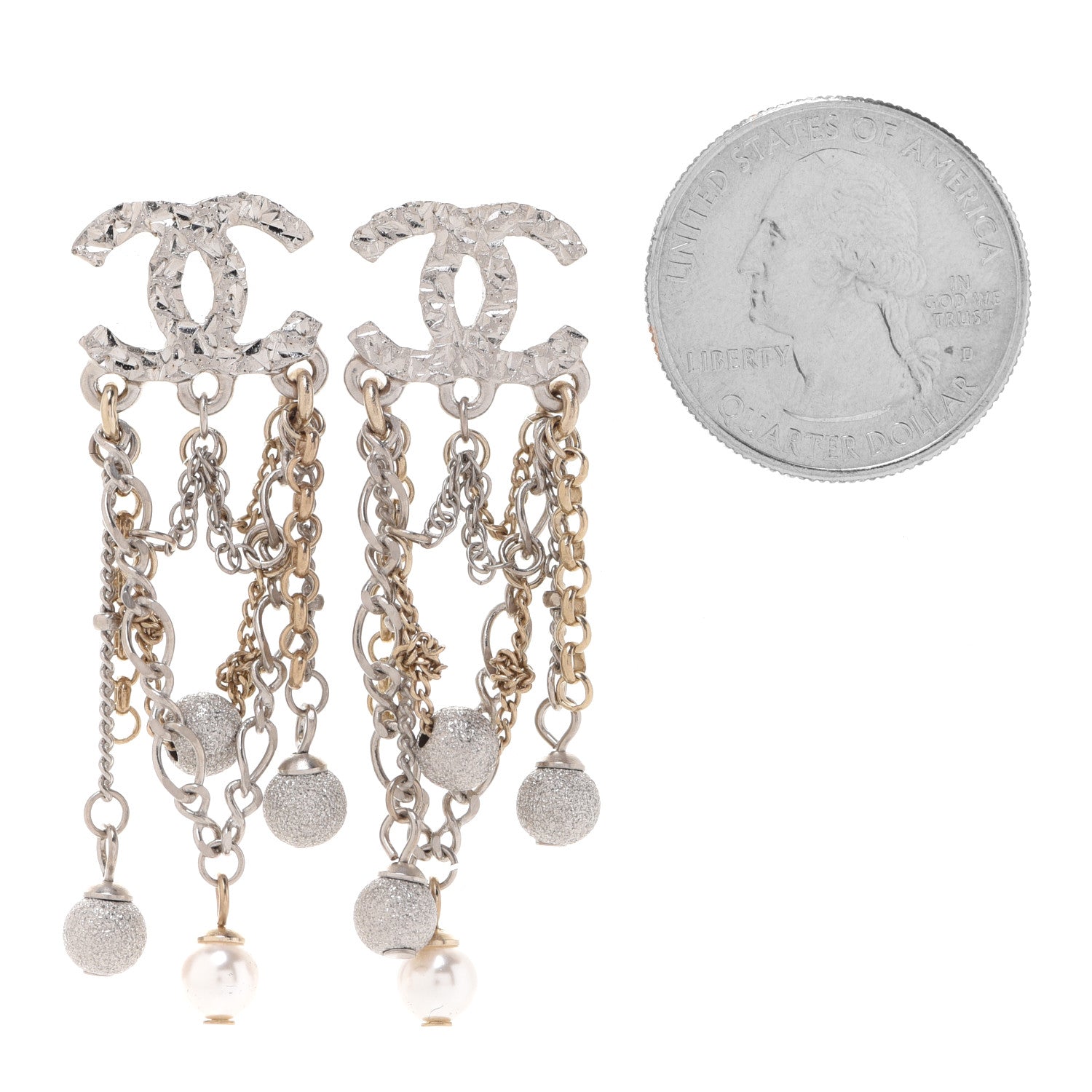 Chanel Pearl Beaded Chain CC Dangle Earrings Gold Silver 2 of 5