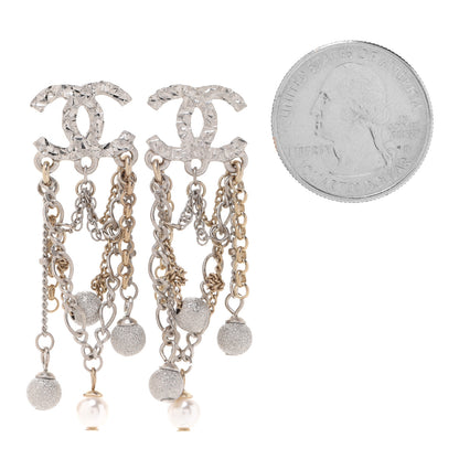 Chanel Pearl Beaded Chain CC Dangle Earrings Gold Silver 2 of 5