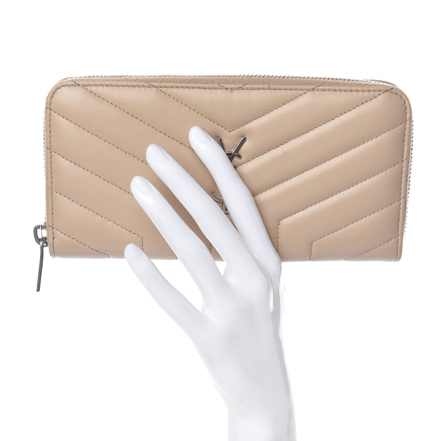 Saint Laurent Calfskin Matelasse Chevron Monogram Zip Around Wallet Dark Beige 2 of 7