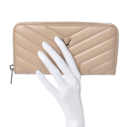 Saint Laurent Calfskin Matelasse Chevron Monogram Zip Around Wallet Dark Beige 2 of 7