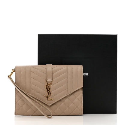 Saint Laurent Grain De Poudre Matelasse Chevron Monogram Envelope Clutch Dark Beige 8 of 8