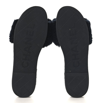 Chanel Terry CC Flat Mules Sandals 37 Navy 6 of 7