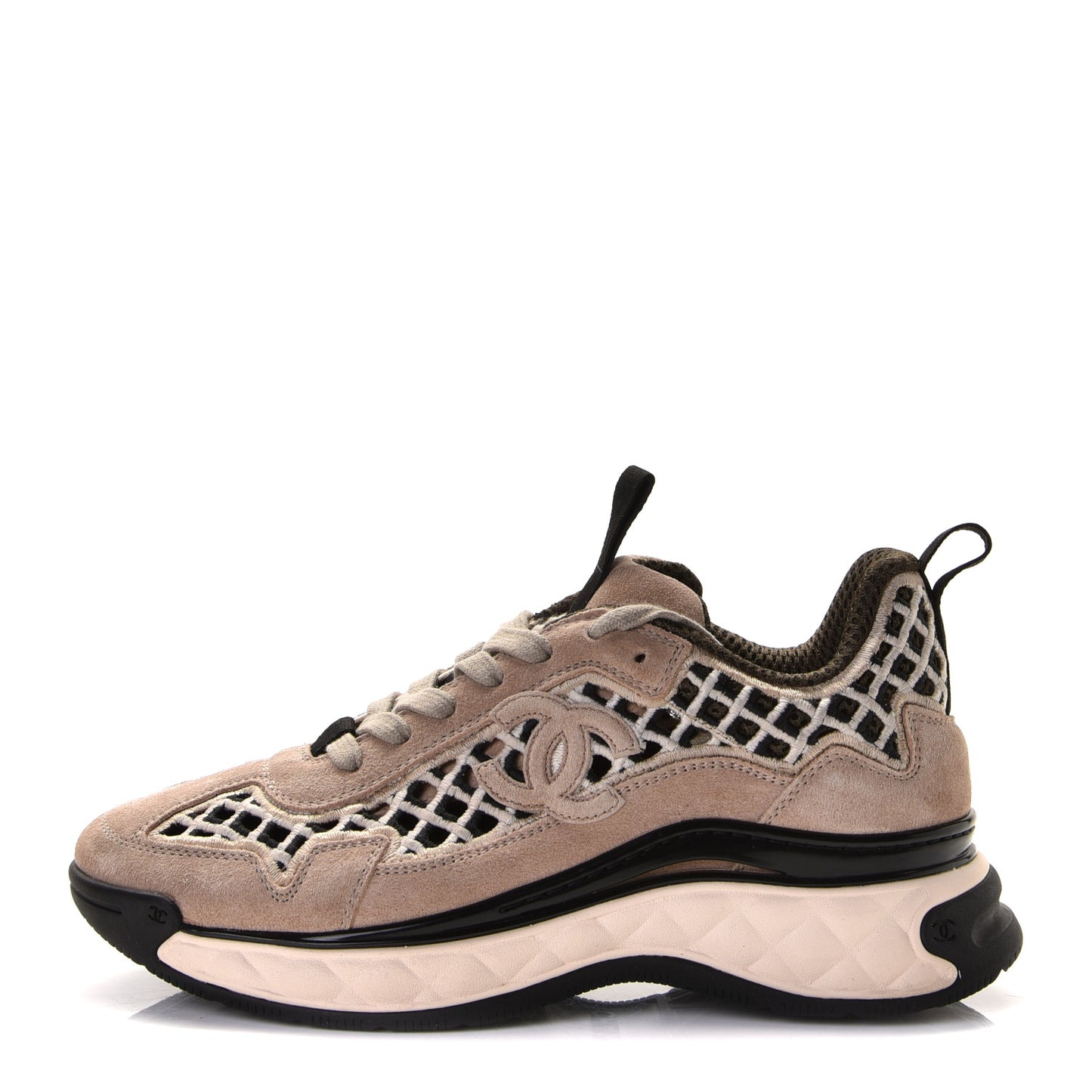 Suede Calfskin Embroidered CC Sneakers 36.5 Beige Black