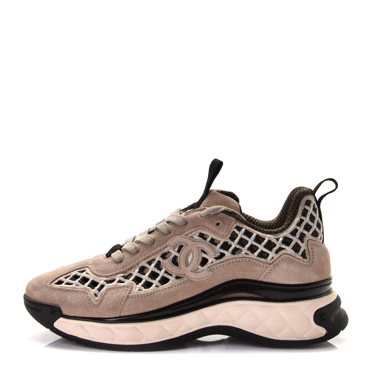 Chanel Suede Calfskin Embroidered CC Sneakers 36.5 Beige Black 1 of 13