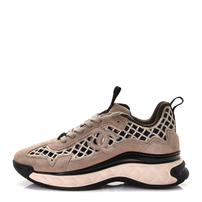 Chanel Suede Calfskin Embroidered CC Sneakers 36.5 Beige Black 1 of 13