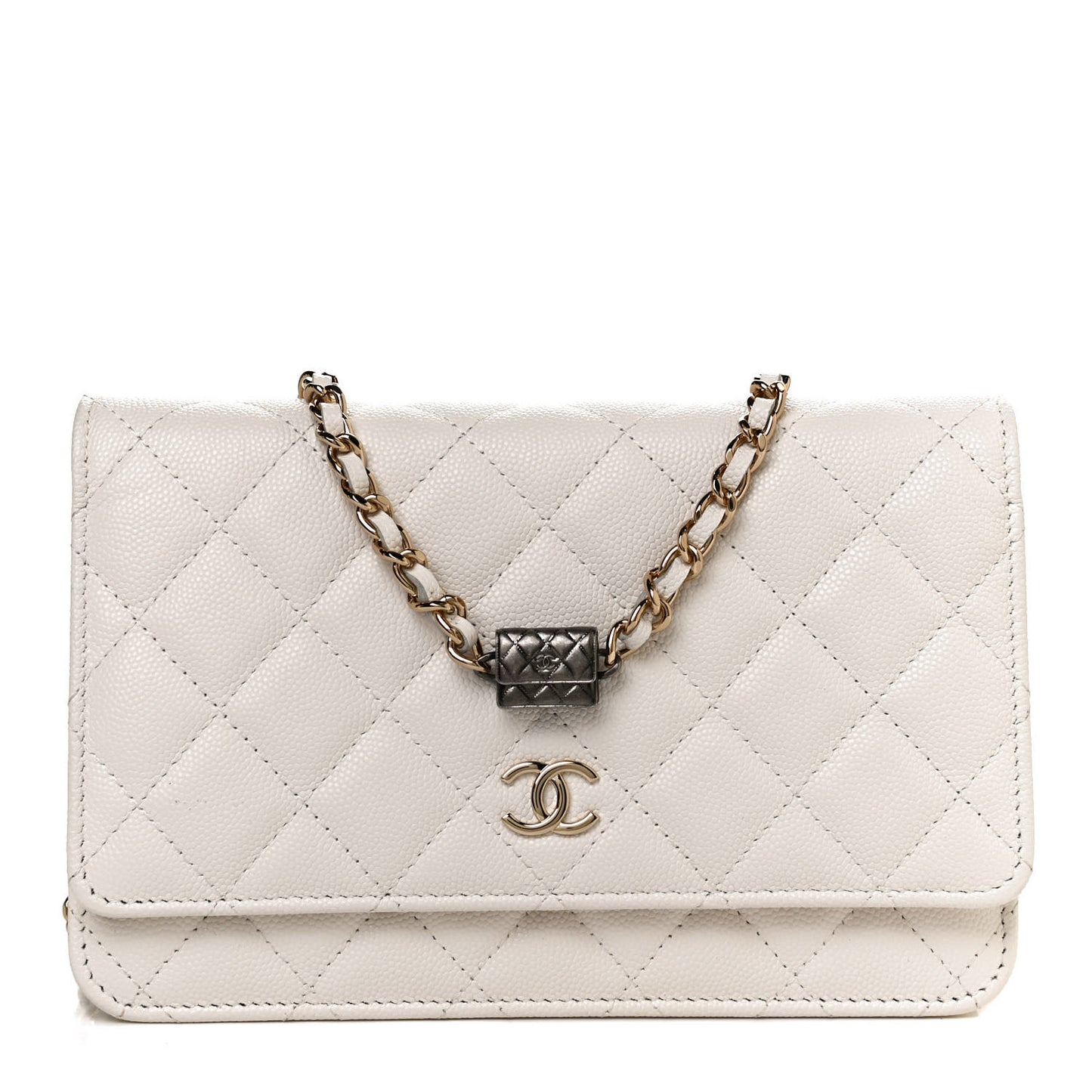 Caviar Quilted Wallet With Charms On Chain WOC White