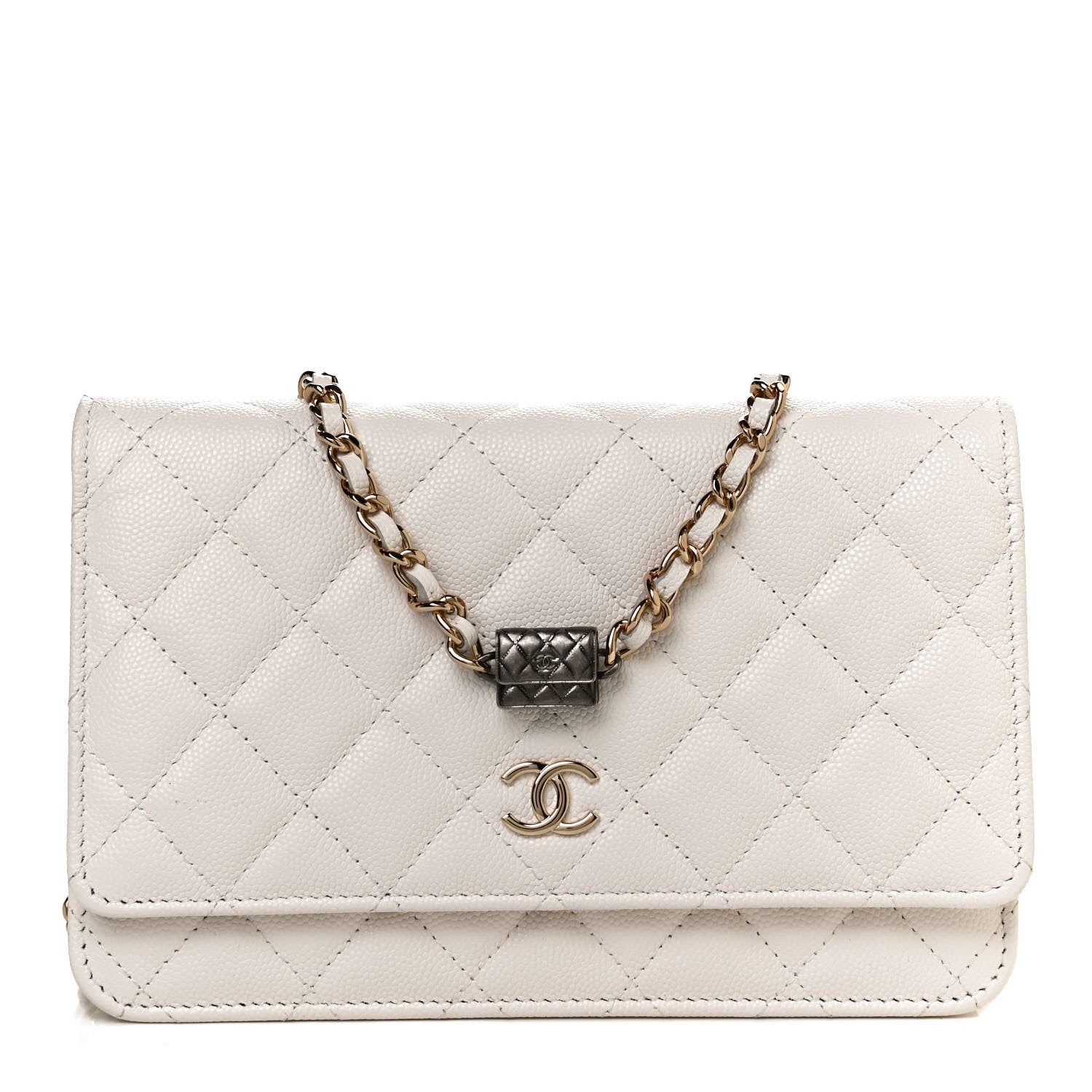 Chanel Caviar Quilted Wallet With Charms On Chain WOC White 1 of 11