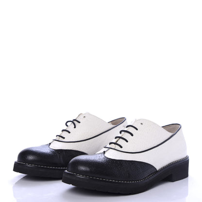 Chanel Calfskin Embossed Lace Up Oxfords 37 White Black 3 of 9
