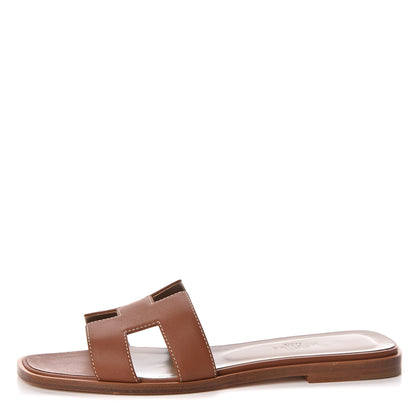 Hermes Box Calfskin Oran Sandals 37 Gold 1 of 7