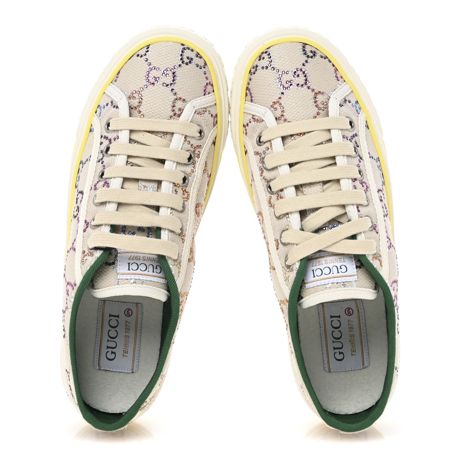 Gucci Canvas Lame Crystal GG Monogram Womens 1977 Tennis Sneakers 37.5 Gardenia Silver Mystic White 2 of 8