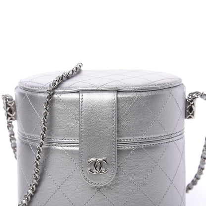 Chanel Metallic Lambskin Quilted Round Vanity Case With Chain Silver 8 of 12