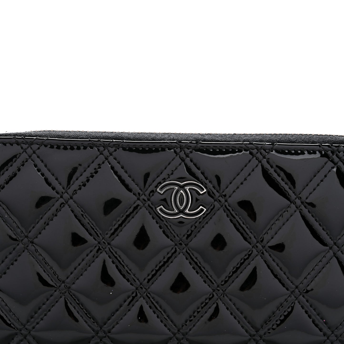Patent Quilted Double Stitched Zip Around Wallet Black